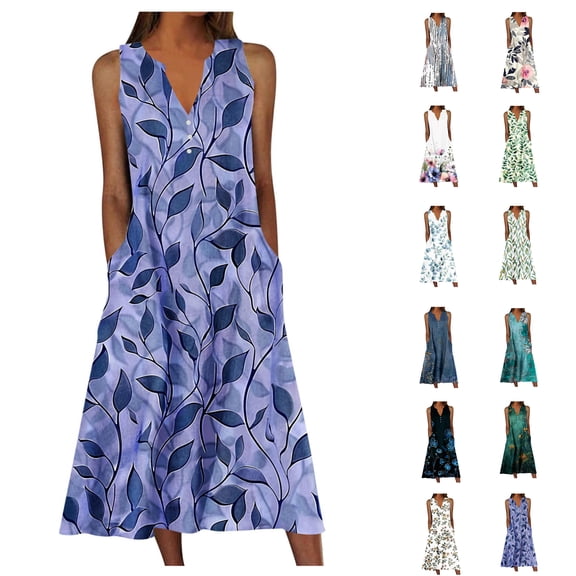 Oksale Cute Leaves Graphic Nightgowns for Women Elastic Sleeveless Night Gown Casual V Neck Sleep Shirt Mid Length Sleep Dress with Pockets Soft Loungewear Multicolor S