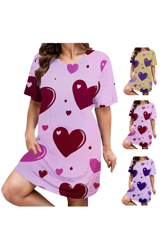 Cute Love Heart Print Sleep Shirt for Women Plus Size Valentine's Day Nightgown Short Sleeve Nightgowns Round Neck Sleep Dress Elegant Soft Loungewear 2025 Red XXL