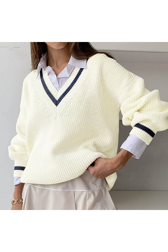 Deep V Neck Sweaters for Women Trendy Color Block Knit Sweater Comfy Long Sleeve Jumpers Faux Woolen Top Loose Fit Slouchy Fashion Tops White S