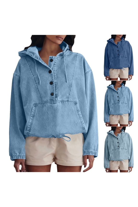 Denim Hoodies for Women Jean Pullover Casual Button Jean Pullover Top with Pockets Loose Long Sleeve Shirts Fashion Clothing 2025 Dark Blue S