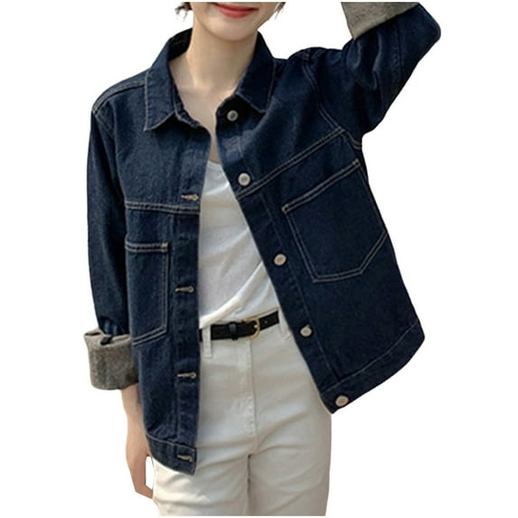 Oksale Denim Jacket for Women Distressed Jean Jacket Long Sleeve Trucker Jacket Vintage Western Jackets Trendy Button Coat Blue XL