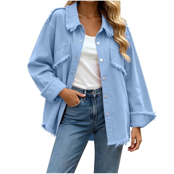Oksale Denim Jackets for Women with Ripped Distressed Vintage Button Down Lapel Jean Jacket Comfy Long Sleeve Denim Shirts Fashion Clothing Blue XL