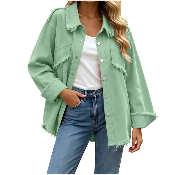 Oksale Denim Jackets for Women with Ripped Distressed Vintage Button Down Lapel Jean Jacket Comfy Long Sleeve Denim Shirts Fashion Clothing Green L