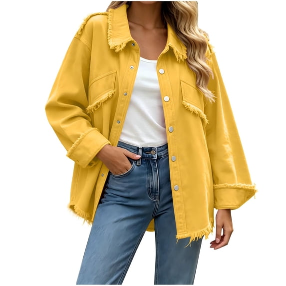 Oksale Denim Jackets for Women with Ripped Distressed Vintage Button Down Lapel Jean Jacket Comfy Long Sleeve Denim Shirts Fashion Clothing Yellow S