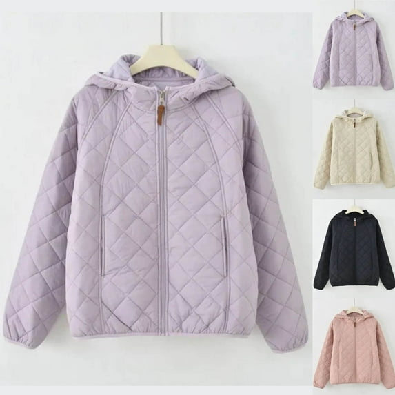 Oksale Diamond Quilted Jacket for Women with Hood Plus Size Full Zip Puffer Jackets Cozy Long Sleeve Cotton Outerwear Lightweight Warm Clothes Purple XXL