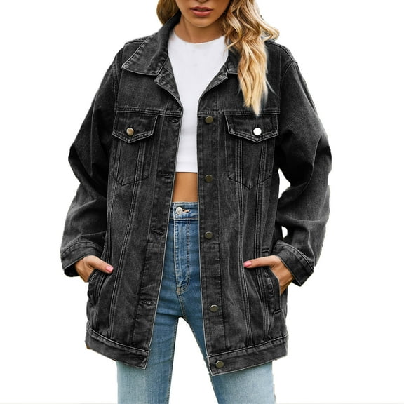 Oksale Distressed Denim Jacket for Women 2025 Button Down Jean Jacket Classic Fit Coat with Pockets Streetwear Boyfriend Jackets Dark Gray XL