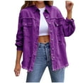 thumbnail image 1 of Oksale Distressed Frayed Denim Jacket for Women Long Sleeve Jean Jacket Button Down Denim Shirt with Pockets Casual Regular Fit Fall Jacket Purple M, 1 of 8
