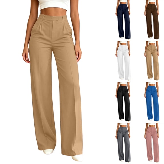 Oksale Dress Pants Women with Pockets Pleated Front Work Pants Business Casual High Waisted Straight Leg Pants for Officewear Blue M
