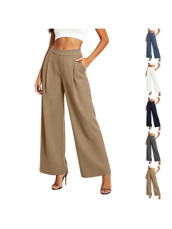 Dress Pants for Women Petite Pleated Front Pants with Pockets Elastic Comfort Straight Leg Pants for Officewear Black S