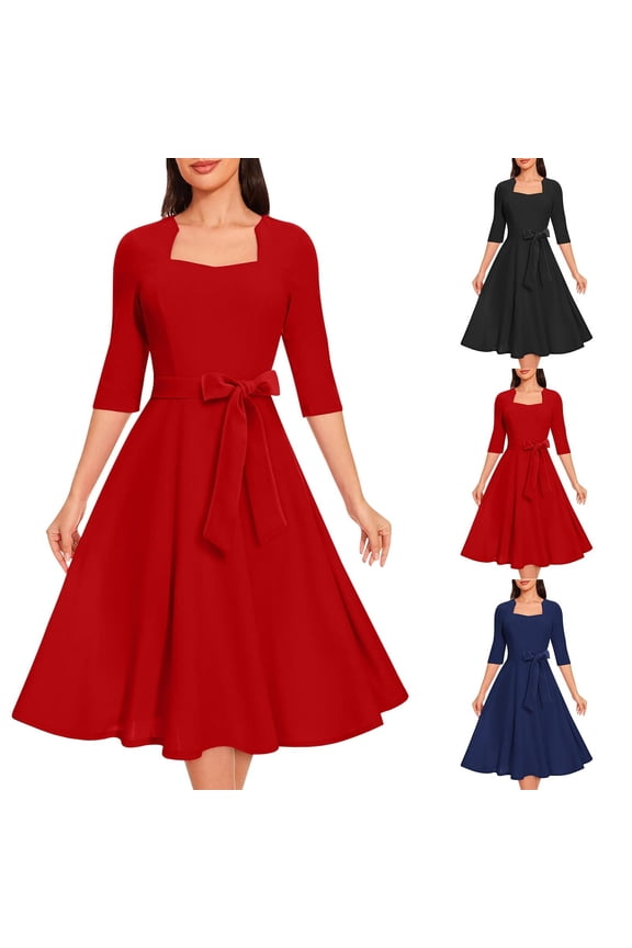 Elegant Dresses for Women with Bow Tie Half Sleeve Wedding Guest Dress Flowy A Line Square Neck Holiday Party Dresses 2026 Red L