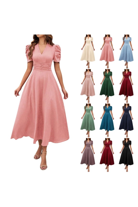 Elegant High Waisted Dresses for Women Flowy A Line Puff Short Sleeve Wedding Guest Dress Formal V Neck Cocktail Party Midi Dresses Pink XL