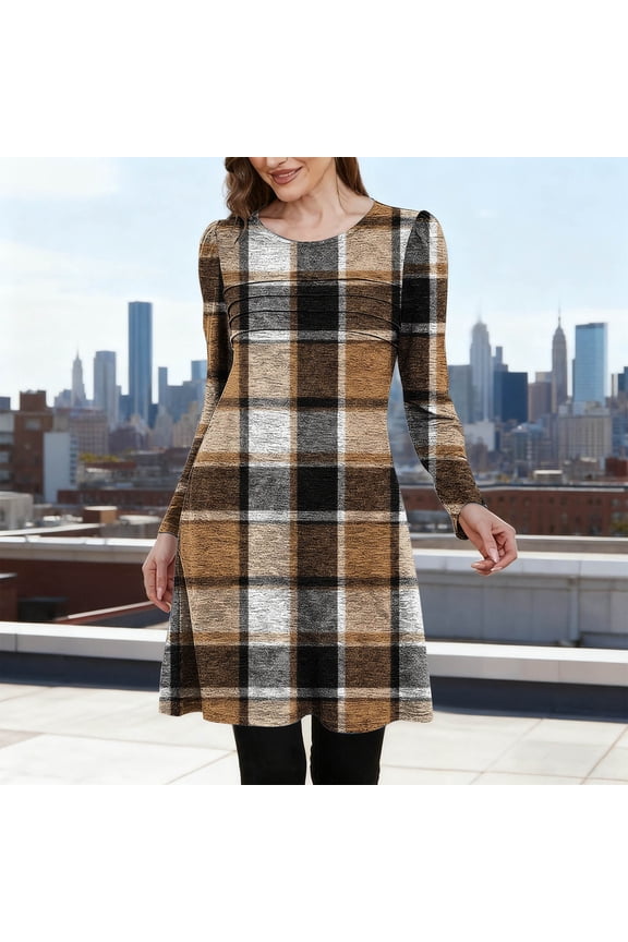 Elegant Plaid Dresses for Women 2025 Ruched Front Crewneck Knee Length Dress Cozy Long Sleeve Formal Fall Dresses Khaki XL