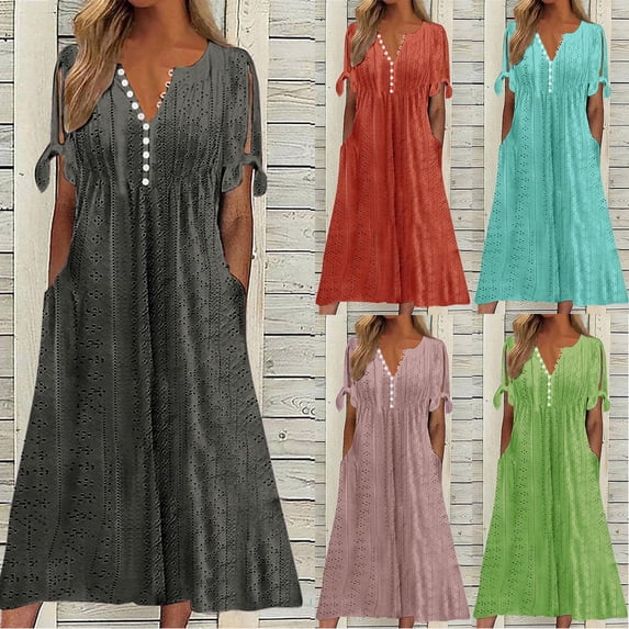 Oksale Eyelet Dress for Women 2026 Summer Short Sleeve Plus Size Dress Dressy Button V Neck Boho Dresses Flowy A Line Sun Dresses Dark Gray L