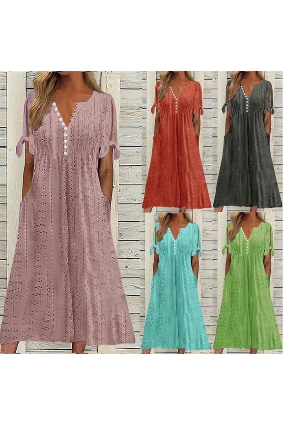 Eyelet Dress for Women 2026 Summer Short Sleeve Plus Size Dress Dressy Button V Neck Boho Dresses Flowy A Line Sun Dresses Pink S