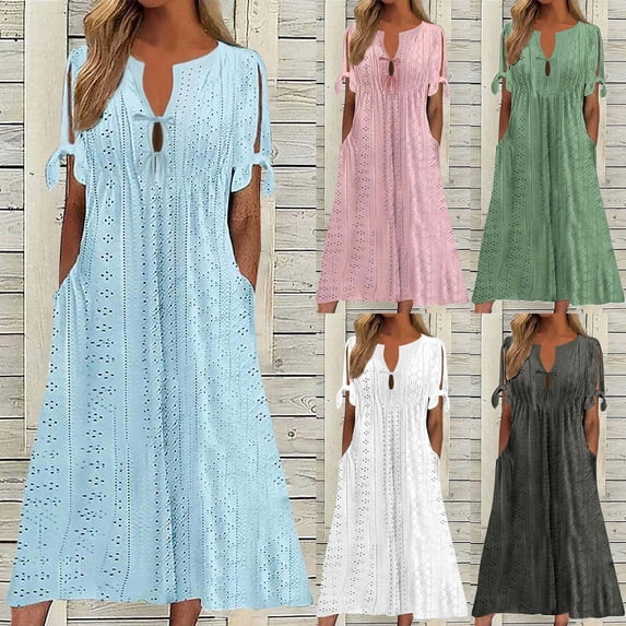Oksale Eyelet Dress for Women 2026 Summer Short Sleeve Plus Size Dress Dressy Button V Neck Boho Dresses Flowy A Line Sun Dresses Sky Blue S