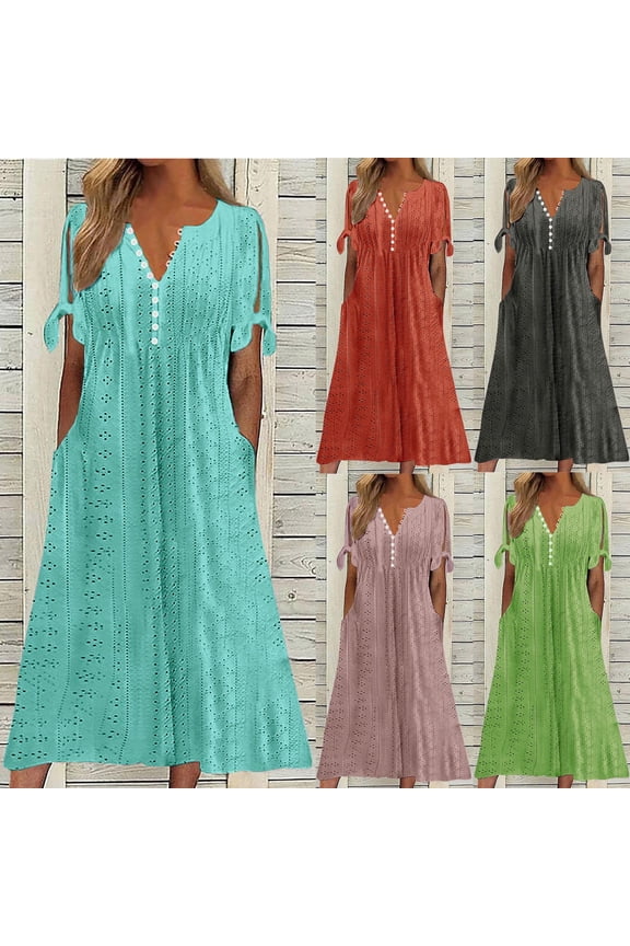 Eyelet Dress for Women 2026 Summer Short Sleeve Plus Size Dress Dressy Button V Neck Boho Dresses Flowy A Line Sun Dresses Sky Blue S