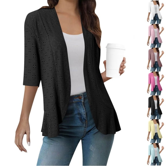 Oksale Eyelet Shrug Cardigan for Women Lightweight Open Front Cover Up Loose Comfy 3/4 Sleeve Summer Fashion Spring Clothing 2025 Black XXL