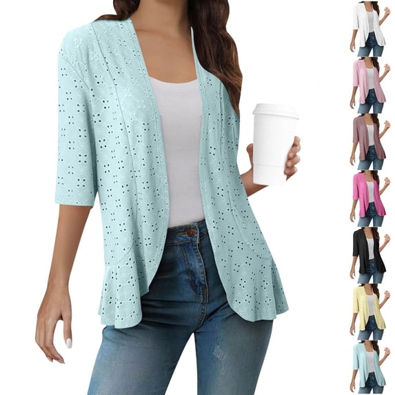 Oksale Eyelet Shrug Cardigan for Women Lightweight Open Front Cover Up Loose Comfy 3/4 Sleeve Summer Fashion Spring Clothing 2025 Blue M