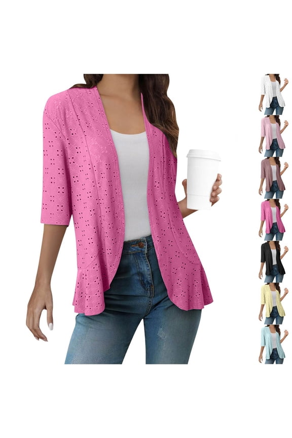 Eyelet Shrug Cardigan for Women Lightweight Open Front Cover Up Loose Comfy 3/4 Sleeve Summer Fashion Spring Clothing 2025 Hot Pink S