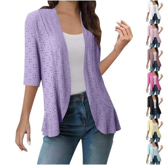 Oksale Eyelet Shrug Cardigan for Women Lightweight Open Front Cover Up Loose Comfy 3/4 Sleeve Summer Fashion Spring Clothing 2025 Purple XL