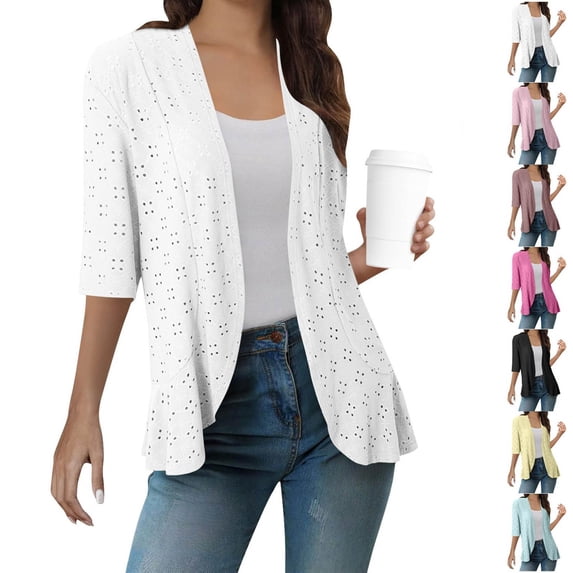 Oksale Eyelet Shrug Cardigan for Women Lightweight Open Front Cover Up Loose Comfy 3/4 Sleeve Summer Fashion Spring Clothing 2025 White S
