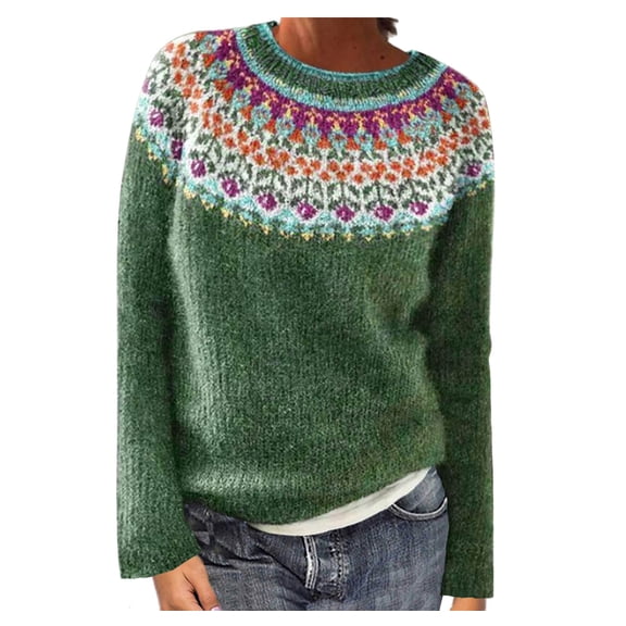 Oksale Fair Isle Print Sweaters for Women Casual Crewneck Cotton Sweater Cozy Long Sleeve Pullover Vintage Soft Tops Army Green S