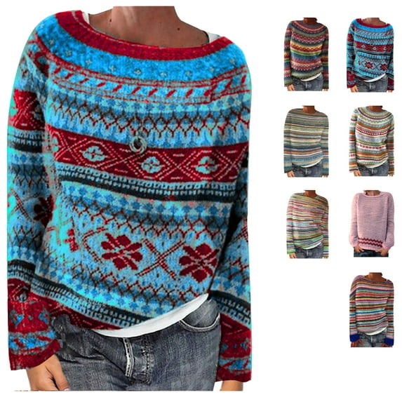 Oksale Fair Isle Winte Sweaters for Women Casual Crew Neck Sweater Cozy Long Sleeve Jumper Vintage Soft Loose Fit Warm Shirts Blue XL
