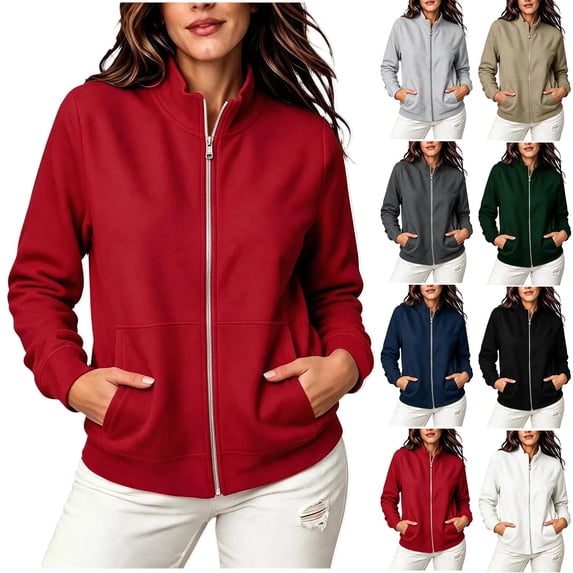 Oksale Fall Jackets for Women Zipper Front Long Sleeve Jacket with Pockets Soft Comfortable Stand Up Collar Outerwear Winter Outfits Red S
