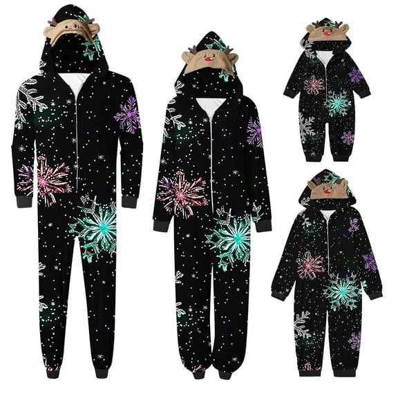 Oksale Family Christmas Hoodie Onesie Sleepwear Matching Sets Snowflake Cute Printing Jumpsuit Pajamas Super Soft Zipper loungewear for Couple Black 18M