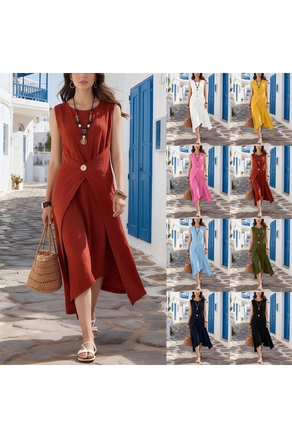 Fashion Dresses for Women 2026 Casual Button Wrap Waist Cotton Linen Tank Dress Summer Crew Neck Midi Dresses Army Green S