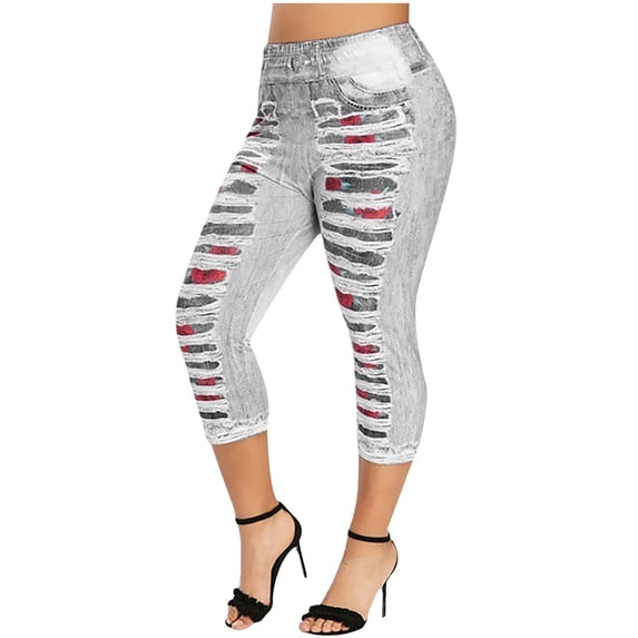 Oksale Faux Denim Capri Leggings for Women with Pockets Plus Size Stretchy Yoga Pants Slim Fit Gym Tights Fall Fashion Athletic Trousers Gray XXL