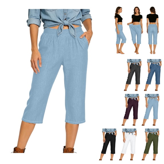 Oksale Faux Denim Capri Pants for Women Stretch Waist Summer Capris with Pockets Loose Casual Workout Fitness Cropped Plus Size Trousers Light Blue 2XL