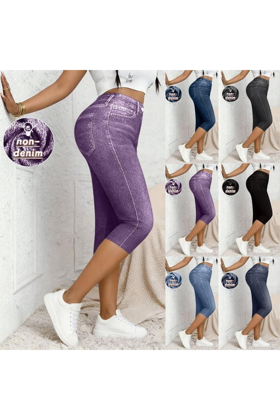 Faux Denim Capri Pants for Women Stretch Butt Lifting Capri Leggings with Pockets High Waisted Cropped Leggings Purple S