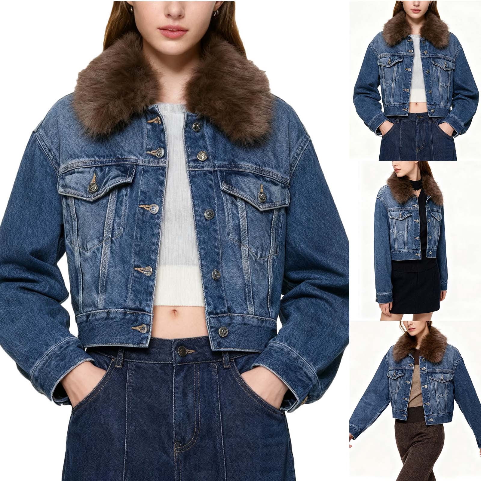 Oksale Cropped Jean Jacket for Women Faux Fur Collar Button Denim Jacket with Pockets Loose Long Sleeve Outerwear Streetwear Fashion Clothing Blue L