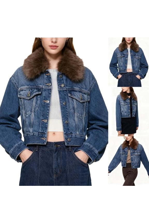 Cropped Jean Jacket for Women Faux Fur Collar Button Denim Jacket with Pockets Loose Long Sleeve Outerwear Streetwear Fashion Clothing Blue S