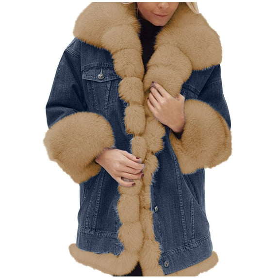 Oksale Faux Fur Jean Jacket for Women Plus Size Thicken Warm Winter Fleece Sherpa Overcoat Oversized Button Denim Jacket with Pockets 2025 Khaki XXXL