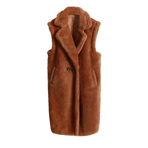 Oksale Faux Fur Vest for Women Plus Size Mid Length Sleeveless Vests Casual Lapel Jackets with Pckets Solid Color Tank Jacket Soft Cozy Warm Winter Fall Outerwear 2025 Khaki L