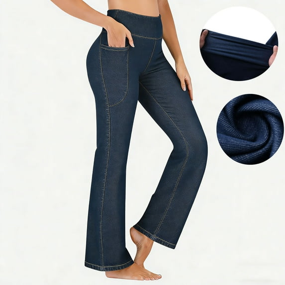 Oksale Faux Jean Leggings for Women Plus Size Denim Print Flared Jeggings with Pockets Workout Casual Stretch High Waisted Yoga Pants Dark Blue S