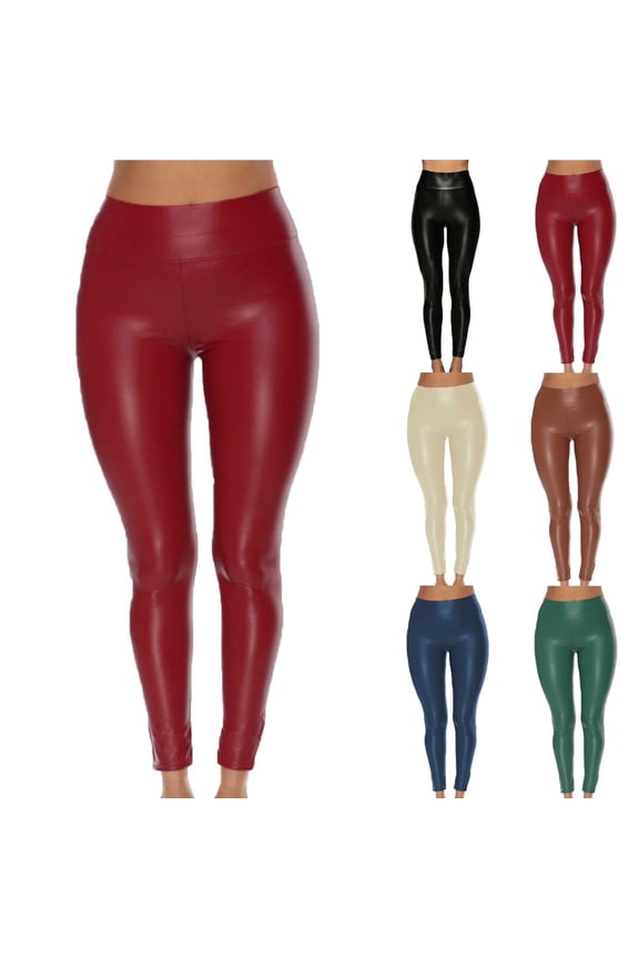 Faux Leather Leggings for Women High Waisted Tummy Control Yoga Pants Slim Fit Cozy Stretchy Tights Sexy High Waisted Trousers Wine M