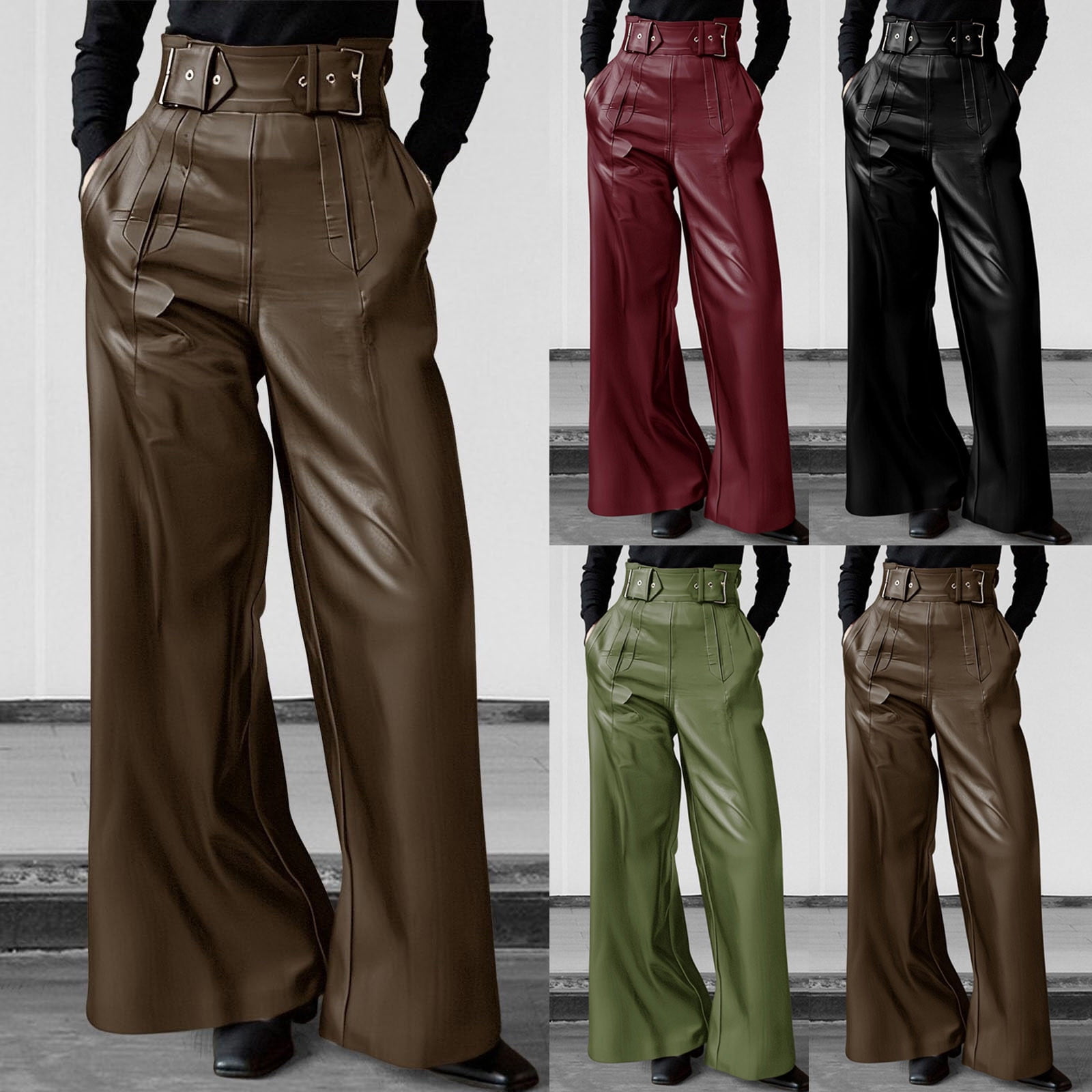 Oksale Faux Leather Pants for Women High Waisted Leggings Pants Wide Leg PU Pants Solid Color Trousers with Pockets 2025 Army Green L