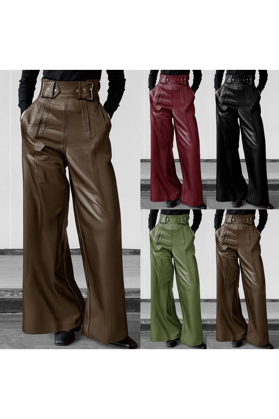 Faux Leather Pants for Women High Waisted Leggings Pants Wide Leg PU Pants Solid Color Trousers with Pockets 2025 Army Green L
