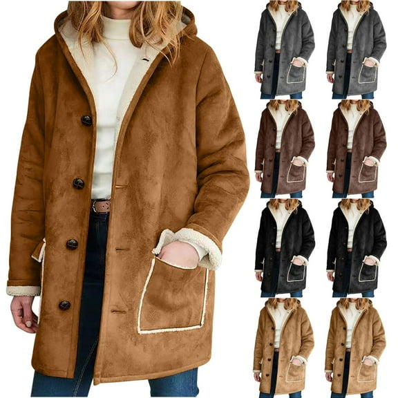 Oksale Faux Suede Jacket Women with Hood Oversized Fluffy Fleece Lined Jackets with Pockets Trendy Button Down Overcoats Comfy Long Sleeve Outerwear Soft Warm Winter Outwear Brown S