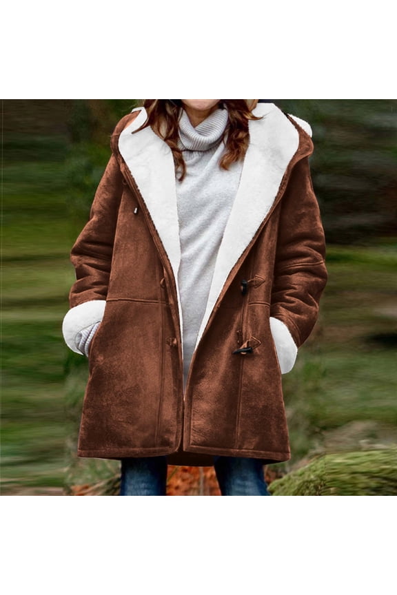 Faux Suede Jackets for Women Casual Fleece Linen Jacket Hoodie with Pockets Trendy Horn Botton Overcoats Warm Comfortable Oversized Tops 2025 Coffee L