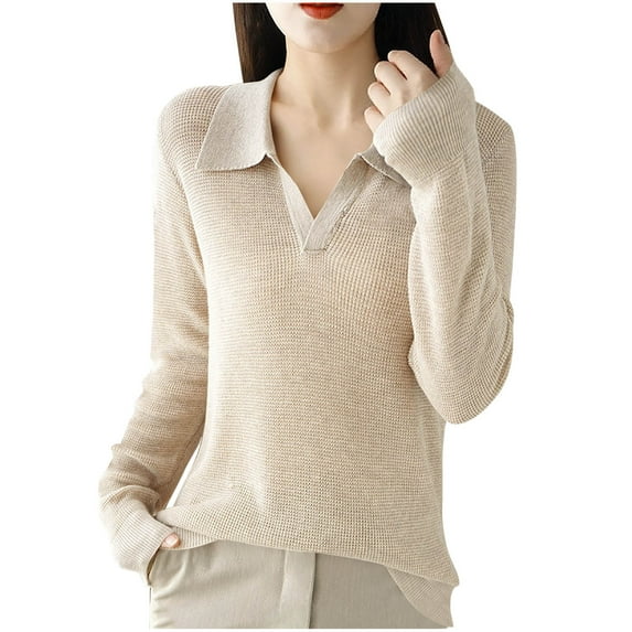 Oksale Faux Sweaters for Women Trendy V Neck Lapel Sweater Cozy Long Sleeve Jumpers Solid Color Pullover Slouchy Soft Tops Beige M