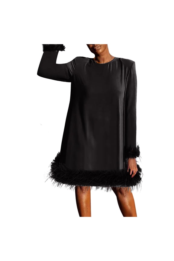 Feather Hem Dresses for Women 2025 Plus Size Tunic Dress Casual Crew Neck Mini Dresses Loose Fit Evening Dress Long Sleeve Holiday Party Dresses Black XL
