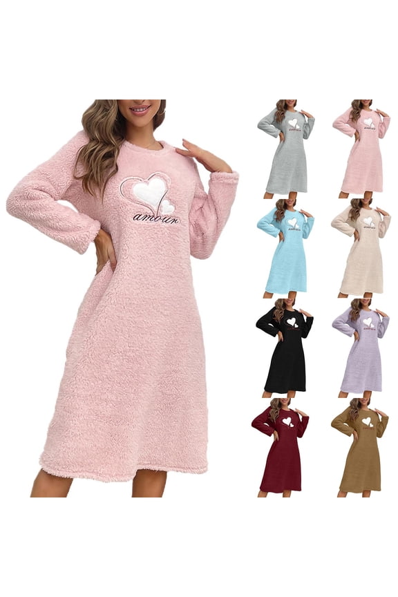 Flannel Nightgowns for Women Fuzzy Fleece Nightgown Cute Print Night Gown Cozy Long Sleeve Sleep Dress Soft Thicken Warm Winter Loungewear 2025 Pink M
