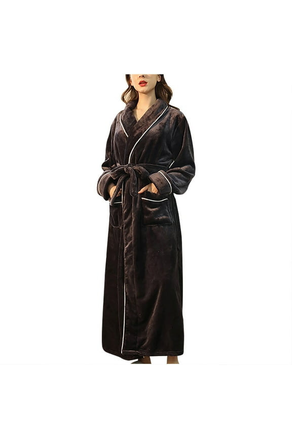 Flannel Robe for Women with Pockets Plus Size Maxi Robes Trendy Shawl Collar Nightgowns Loose Long Sleeve Loungewear Thermal Warm Winter Loungewear 2025 Coffee M