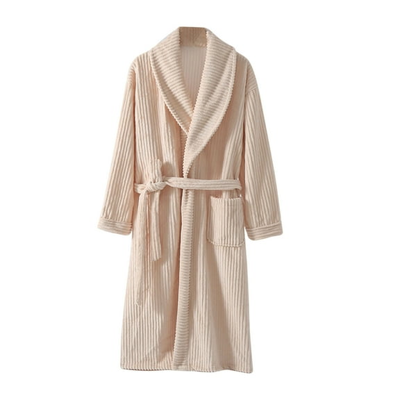 Oksale Flannel Robes for Women with Pocket Trenndy Shawl Collar Night Robe Fluzzy Soft Long Sleeve Bathrobe with Belt Comfortable Midi Loungewear Beige Free Size