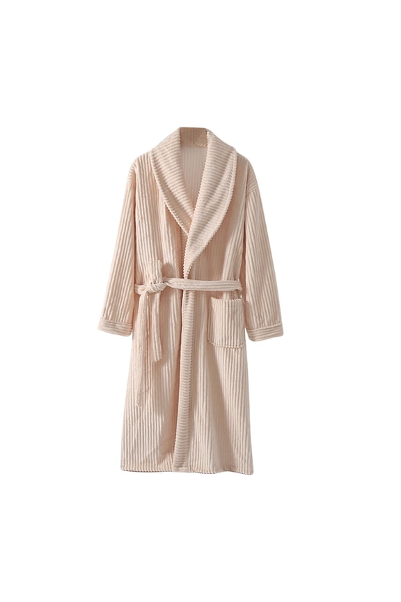 Flannel Robes for Women with Pocket Trenndy Shawl Collar Night Robe Fluzzy Soft Long Sleeve Bathrobe with Belt Comfortable Midi Loungewear Beige Free Size