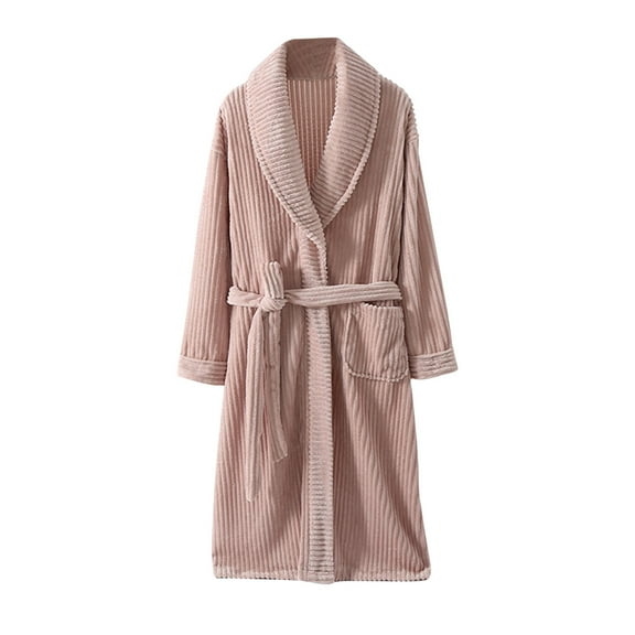 Oksale Flannel Robes for Women with Pocket Trenndy Shawl Collar Night Robe Fluzzy Soft Long Sleeve Bathrobe with Belt Comfortable Midi Loungewear Pink Free Size